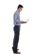 Young businessman use laptop on white background.