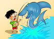 Cartoon illustration of a man fishing and catch a shark