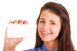 Girl with braces presenting business card