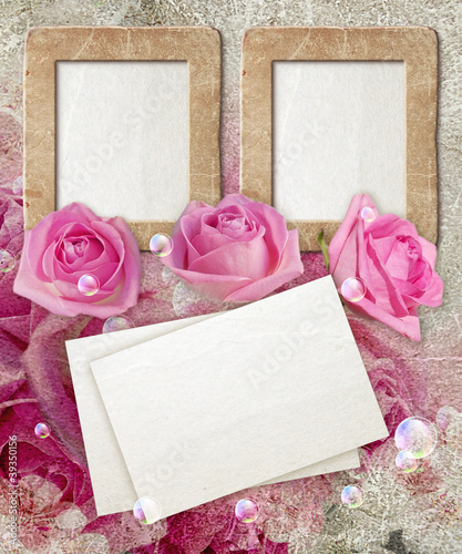 Illustration: Grunge frame with roses and paper Grunge frame with roses and paper