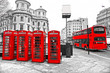 Red telephone boxes and double-decker bus, london, UK.