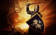 Medieval knight over stormy sky.