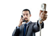 Man with phone isolated on white