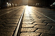 Tram rails background at sunshine. Milan, Italy.