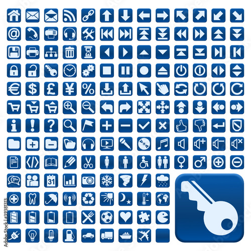 Vector: 152 Buttons, blau, flach, grosse Symbole 152 Buttons, blau, flach, grosse Symbole