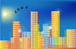 flying birds above rainbow color city flying birds above rainbow color city