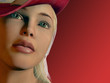 Beauty mit rotem Hut  vor rotem Hintergrund