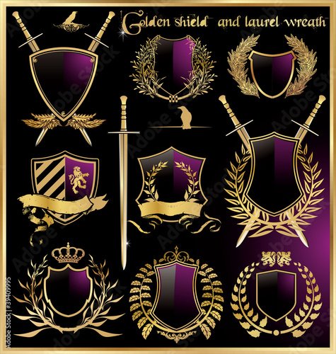 Vector: golden shield and laurel wreath set golden shield and laurel wreath set