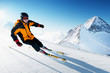 Skier in mountains, prepared piste and sunny day