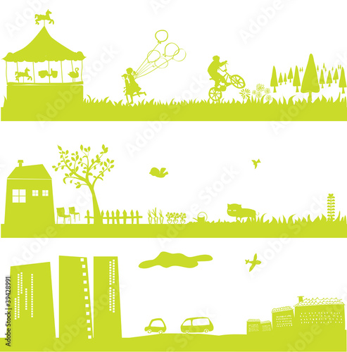 Vector: cute green landscapes and cityscape cute green landscapes and cityscape