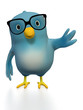 Bluebird with glasses pointing to the side