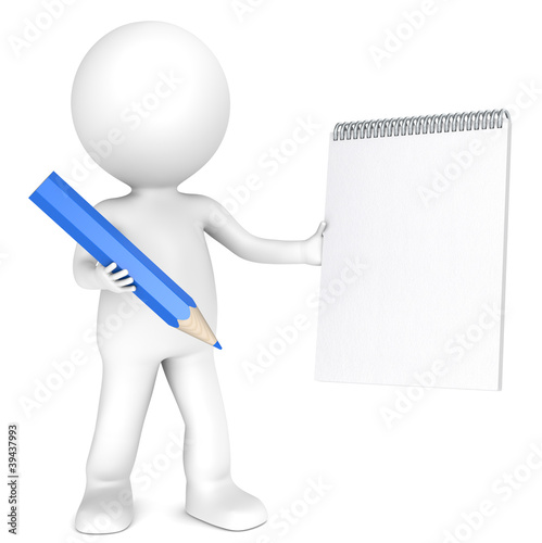 Illustration: 3D little human character holding a notepad and a Blue Pencil 3D little human character holding a notepad and a Blue Pencil