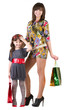 Happy mother and little girl with shopping bags isolated