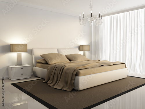 Illustration: Chic luxury hotel biege, white, bedroom, with chandelier Chic luxury hotel biege, white, bedroom, with chandelier