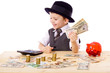 Boy at the table counts money