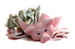 Photo: broken piggybank with dollar notes broken piggybank with dollar notes