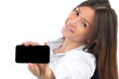 Woman Showing display of her new touch mobile cell phone