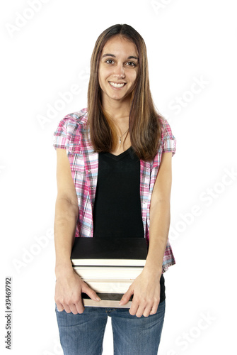 Photo: Young woman college student with books. Young woman college student with books.
