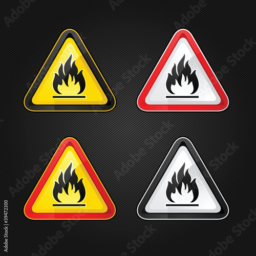 Vector: Hazard warning triangle highly flammable warning set sign Hazard warning triangle highly flammable warning set sign
