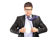 Superhero businessman opening blue shirt