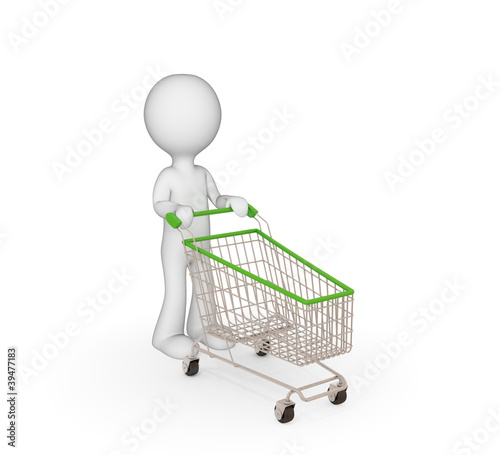 Illustration: 3d small person with shopping trolley. 3d small person with shopping trolley.