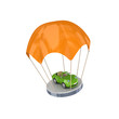 Green car at orange parachute.