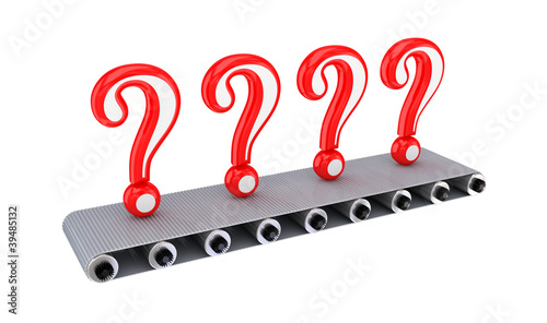 Illustration: Red query signs on grey conveyor. Red query signs on grey conveyor.