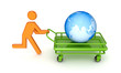Running 3d small person and globe on a pushcart. Running 3d small person and globe on a pushcart.