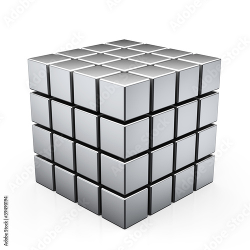 Illustration: 3D illustration of metal cube built from blocks 3D illustration of metal cube built from blocks
