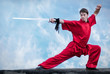 Wushoo man in red practice martial art