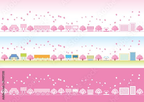 Vector: 桜の花びらが舞う春の町 桜の花びらが舞う春の町