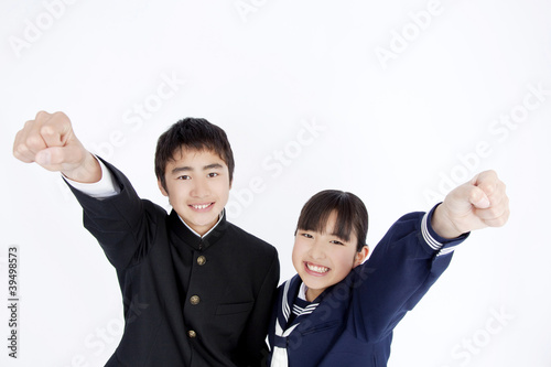 Photo: ガッツポーズをする中学生男女 ガッツポーズをする中学生男女