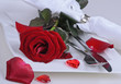 Romantic place setting with red rose, silverware and hearts