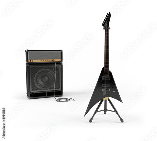 Photo: Electric guitar and combo guitar amplifier with speaker cabinet Electric guitar and combo guitar amplifier with speaker cabinet