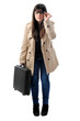 a beautiful girl holds a black suitcase
