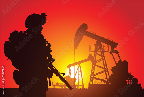 Vector: US soldier with oil rigs on the background US soldier with oil rigs on the background