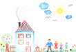 Photo: Child's drawing happy family with house and dog. Child's drawing happy family with house and dog.