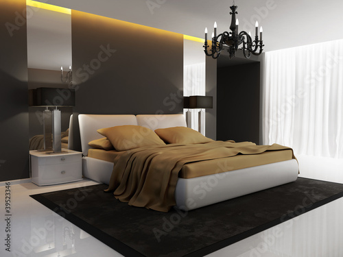 Illustration: Chic luxury hotel gold, black, bedroom, chandelier perspective Chic luxury hotel gold, black, bedroom, chandelier perspective