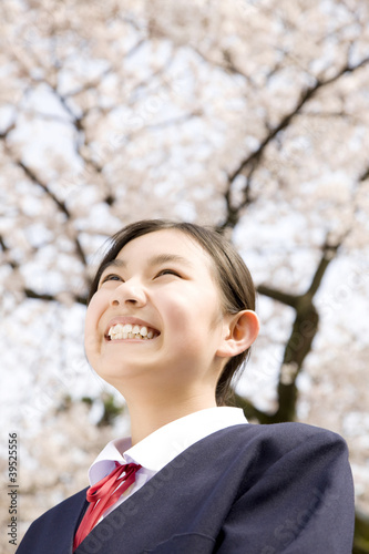 Photo: 桜を見上げる女子中学生 桜を見上げる女子中学生