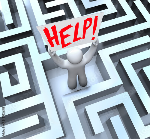 Illustration: Person in Labyrinth Maze Holding Help Sign Person in Labyrinth Maze Holding Help Sign