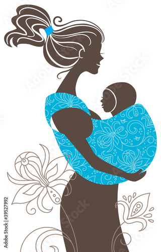 Vector: .Beautiful mother silhouette with baby in a sling .Beautiful mother silhouette with baby in a sling