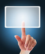 Foto: female hand pushing a button on a touch screen interface female hand pushing a button on a touch screen interface