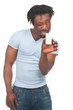 Man showing business card