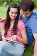 Young attractive couple sitting in a park while looking at a tablet pc