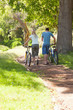 Back view of couple wheeling their bikes through a park