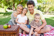 Happy family looking at the camera while having a picnic