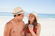 Close-up of lovers smiling in swimsuit 