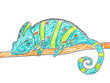 Cute chameleon on tree branch, hand drawing illustration.