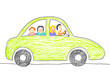 Photo: Child's drawing happy family on the car trip. Child's drawing happy family on the car trip.
