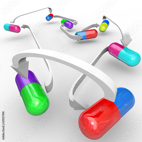 Illustration: Medicine Drug Interactions Capsules and Pills Connected Medicine Drug Interactions Capsules and Pills Connected